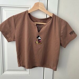 Disney Brown Cropped Tee with Mickey Embroidery
